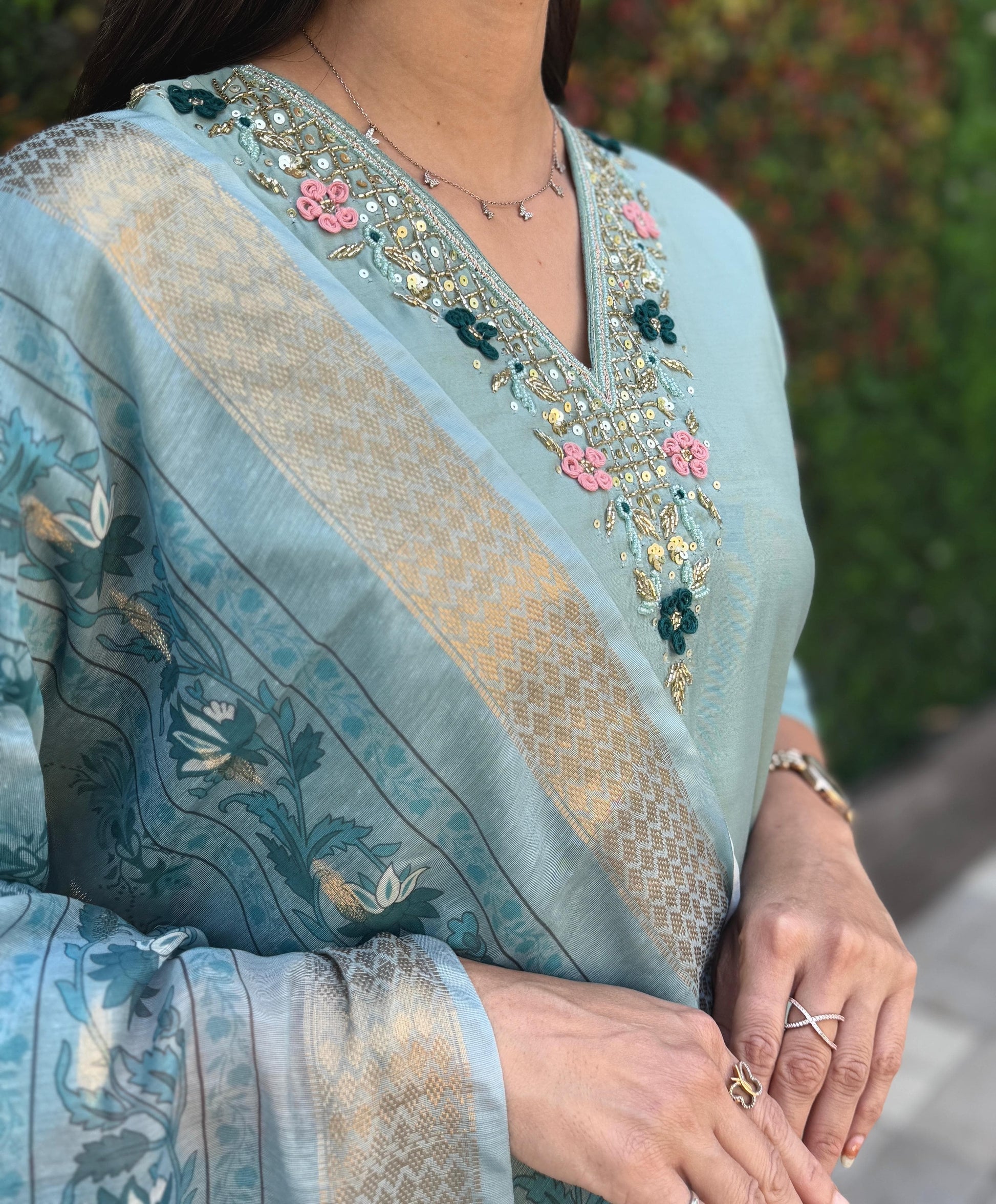 Aqua Zari Grace: Hand-Embroidered Kurta Set