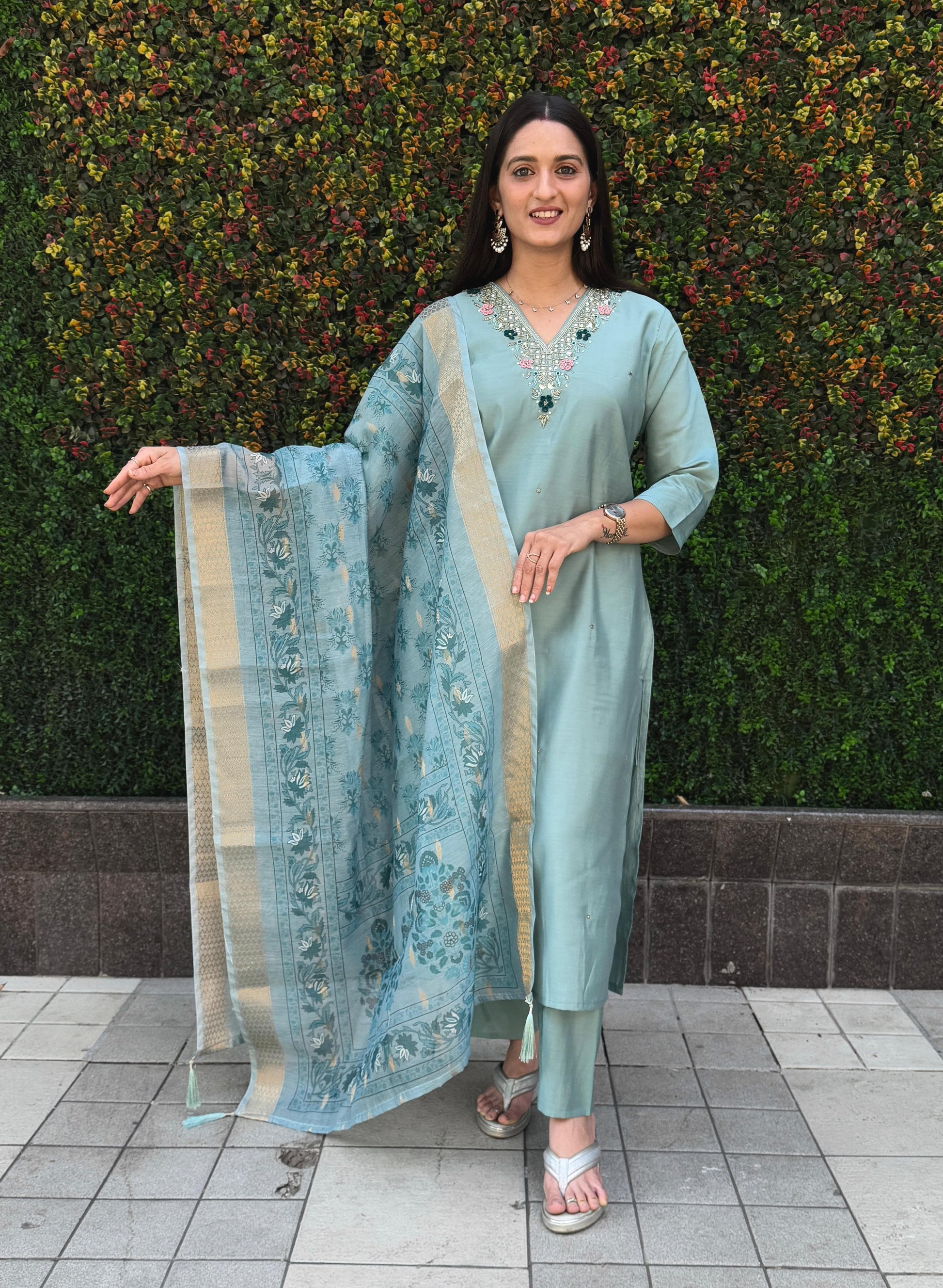 Aqua Zari Grace: Hand-Embroidered Kurta Set